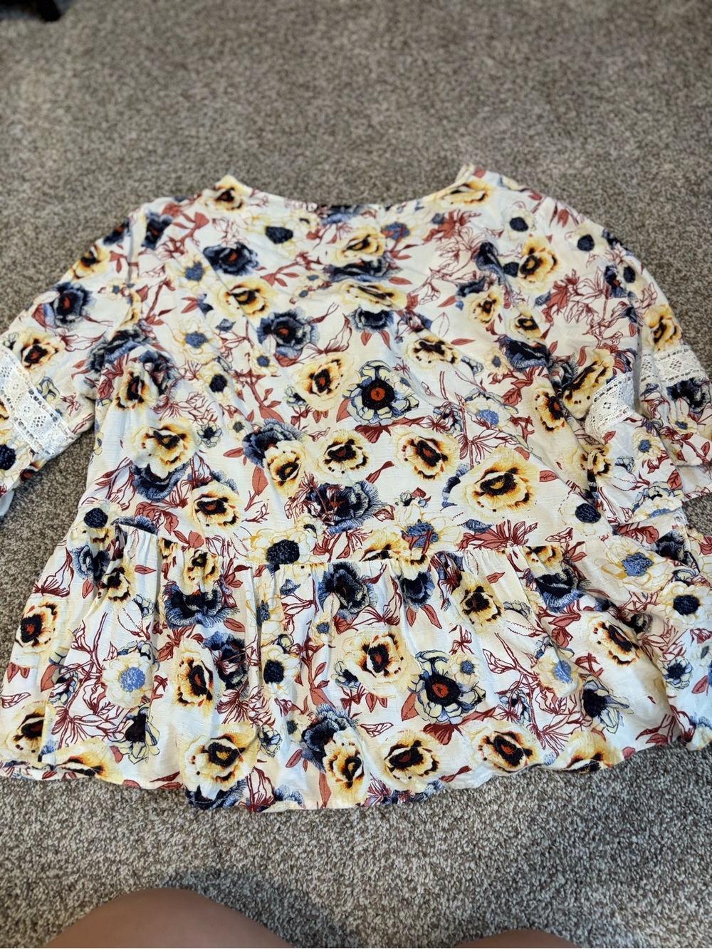 Maurices Cream Floral Peplum Top with Yellow and Navy Flowers